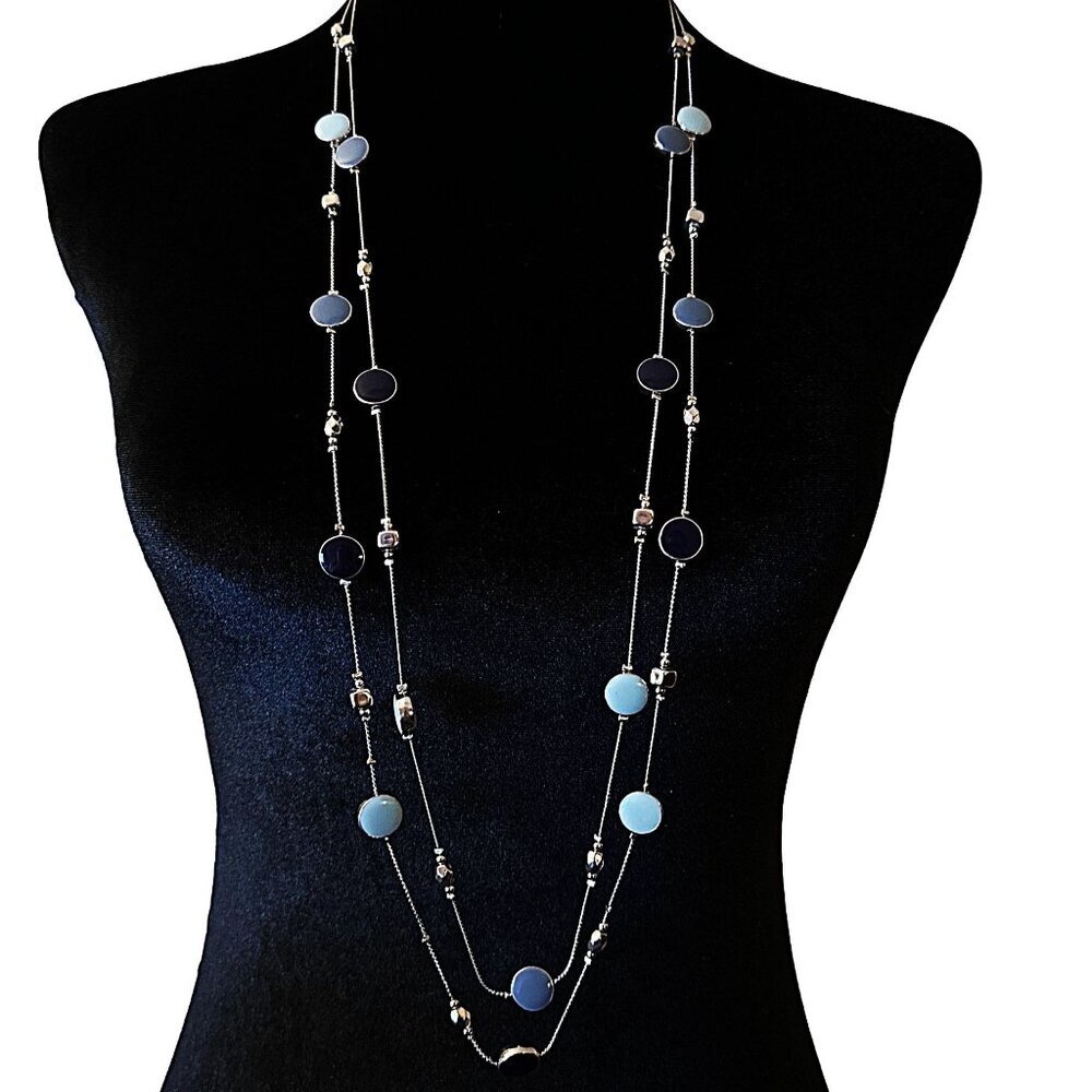 Long Double Strand Necklace Blue Enamel Beads Silver Tone